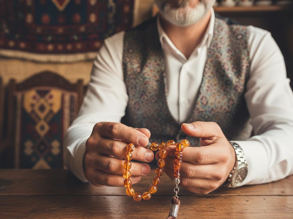 A young Turkish person calmly holding a detailed 99-beaded amber tesbih in a traditional cafe setting, highlighting the tesbih parts with warm natural lighting and an inviting atmosphere.
