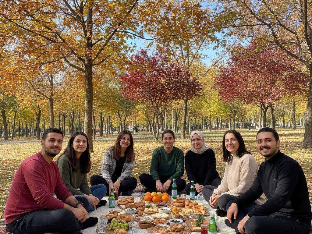 Türk genç ve orta yaşlı bireyler, sonbahar renkleri altında ağaçlıklı bir parkta güneş ışığında birlikte piknik yapıyor.