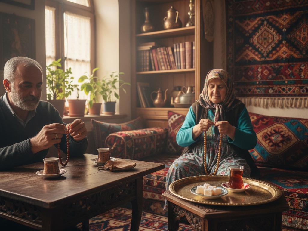 A middle-aged Turkish man sitting in a traditional kahvehane, calmly holding and sliding amber-colored kuka tespih beads through his fingers, surrounded by warm wooden interiors and Turkish tea glasses, capturing a moment of peaceful cultural tradition.