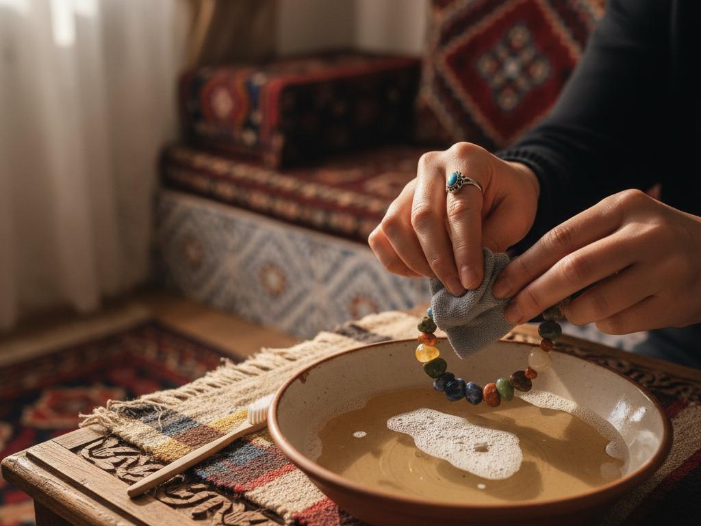 A young Turkish woman carefully cleaning a natural stone bracelet with warm soapy water and a soft cloth in a cozy Turkish home setting, natural light highlighting the gentle process.