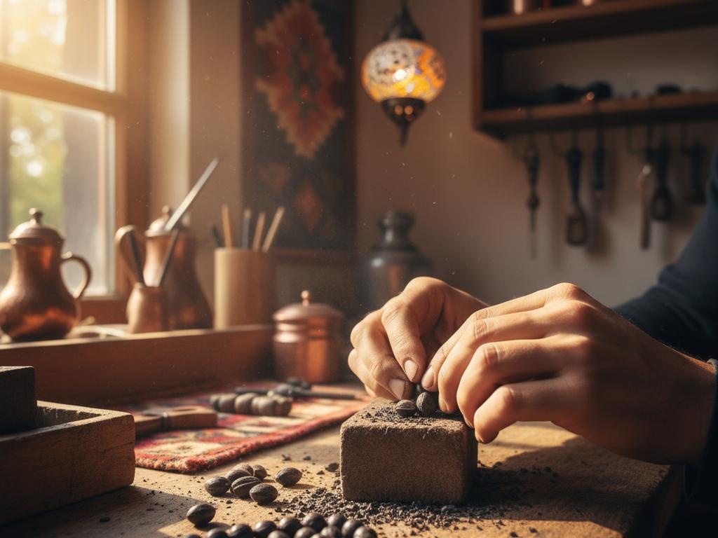 Close-up of a young artisan's hands shaping and sanding black olive seeds to make a tesbih in a warmly lit traditional Turkish interior.